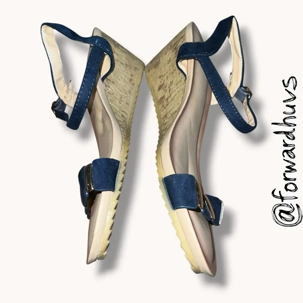 B. Comfort Navy Blue & Gold Ankle Strap Wedge Sandals Size 9